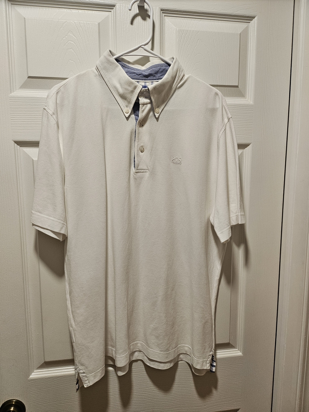 Van Laack White Short-Sleeve Button-Down Polo with Gingham Trim